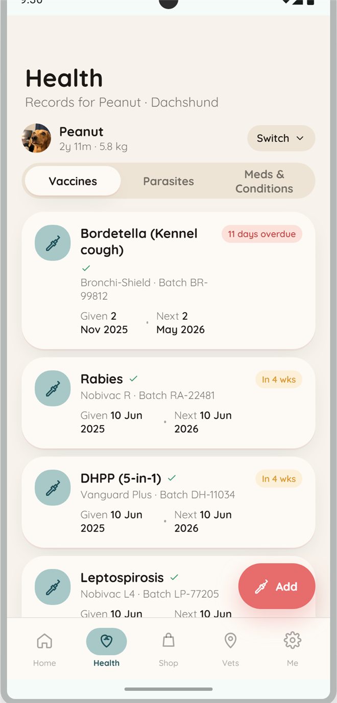 PetPass Health records screen