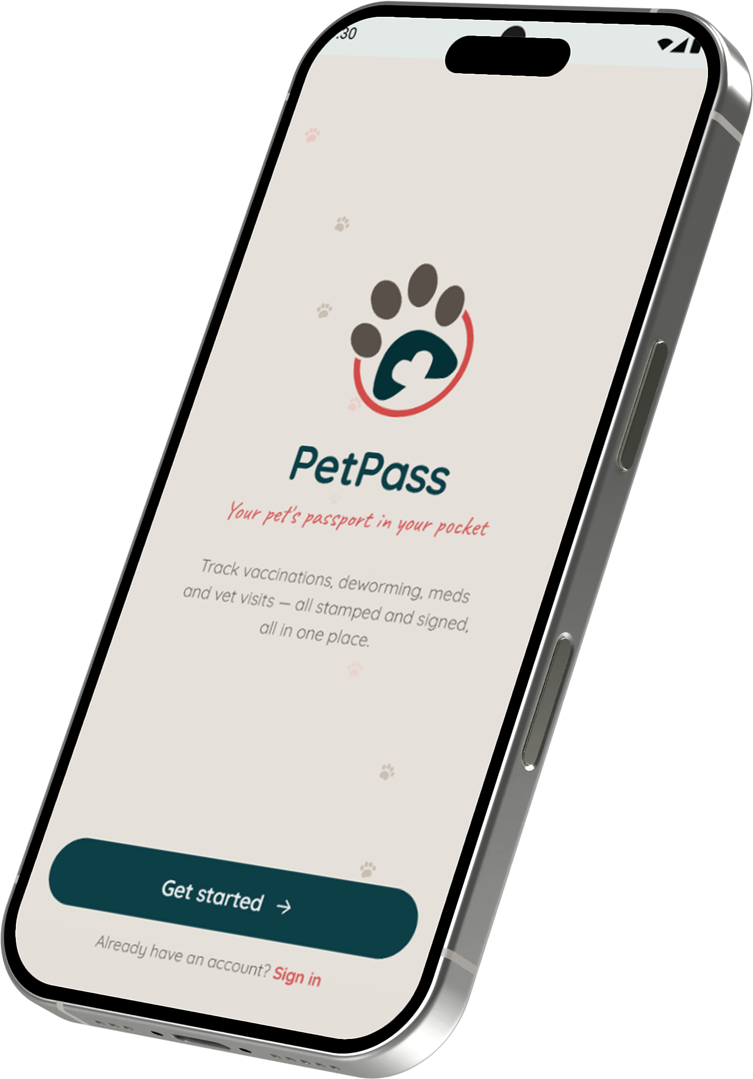 PetPass welcome screen on a phone