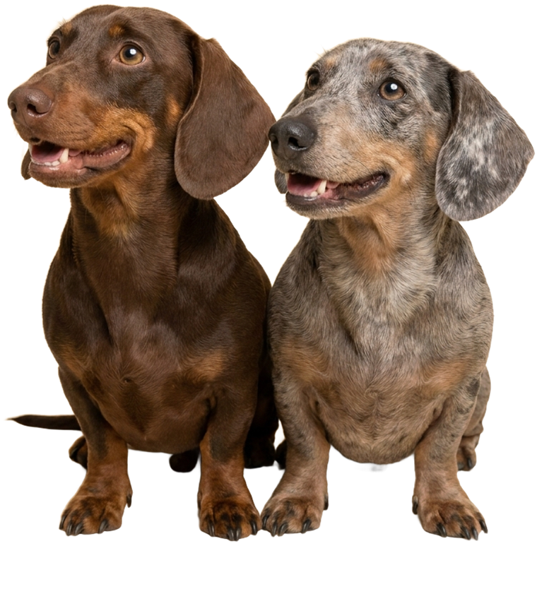 Two dachshunds, one brown and one silver dapple, looking up